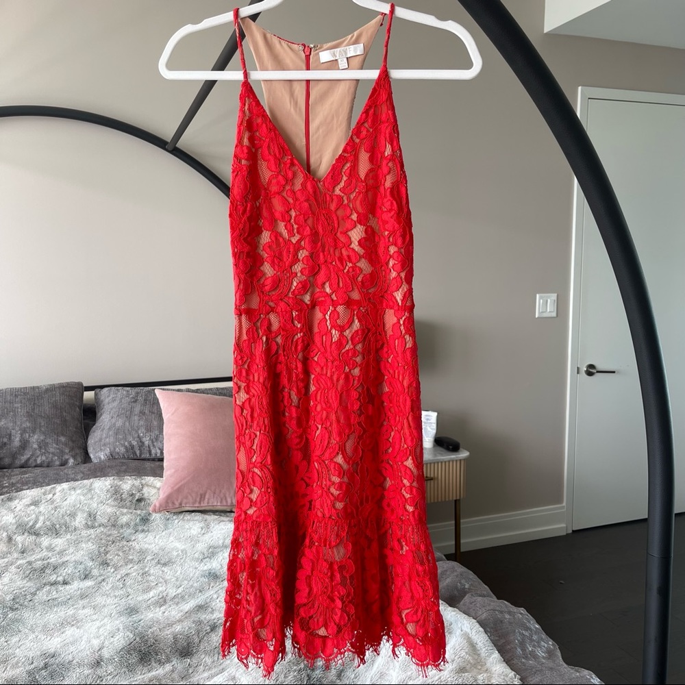 Wayf Red Floral Lace Dress